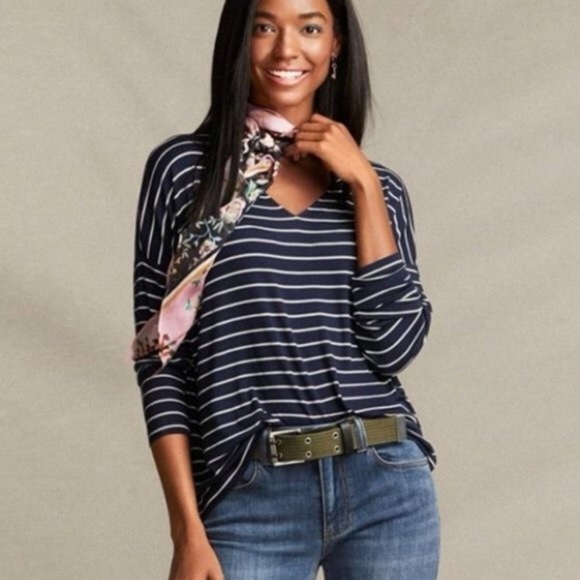 CAbi Ahoy Tee Navy White Striped V-Neck Long Sleeve Nautical Preppy stretch XL - Picture 1 of 6